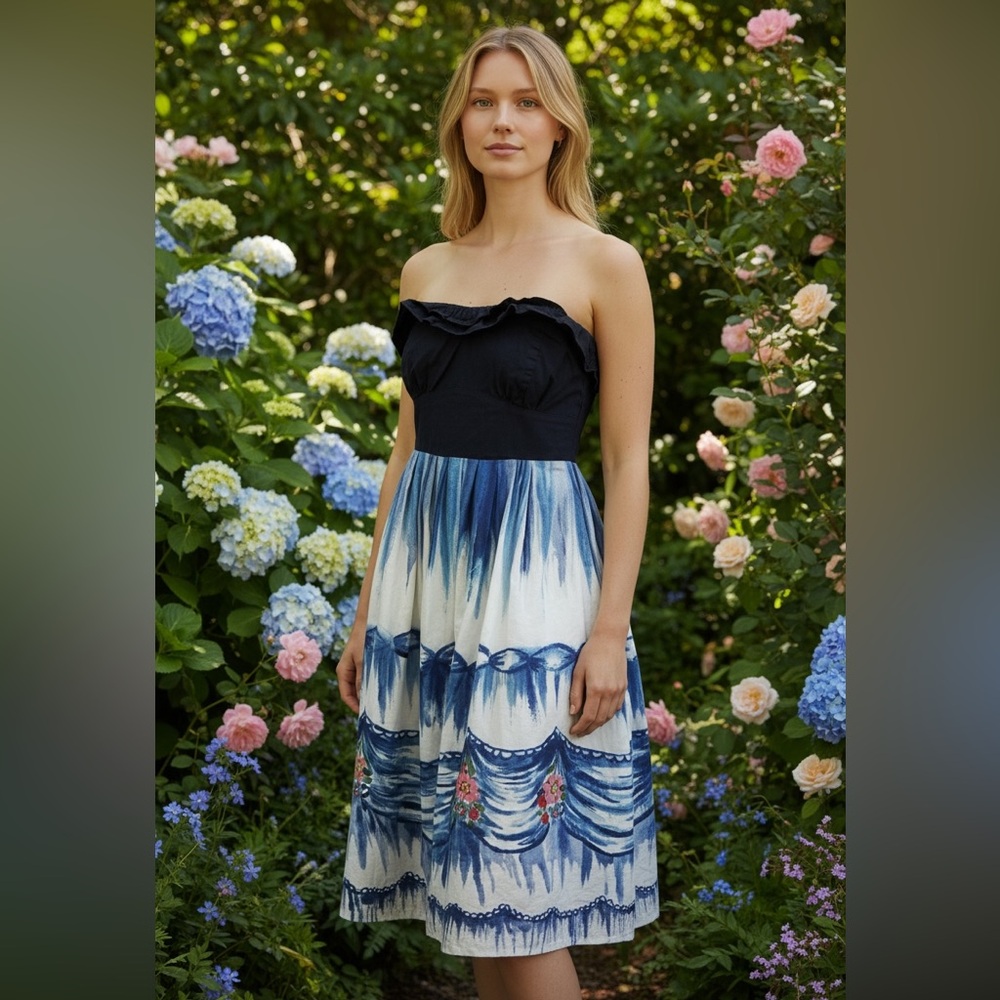 Anthropologie Nathalie Lete Strapless Dress Blue Watercolor Floral Print Size 12